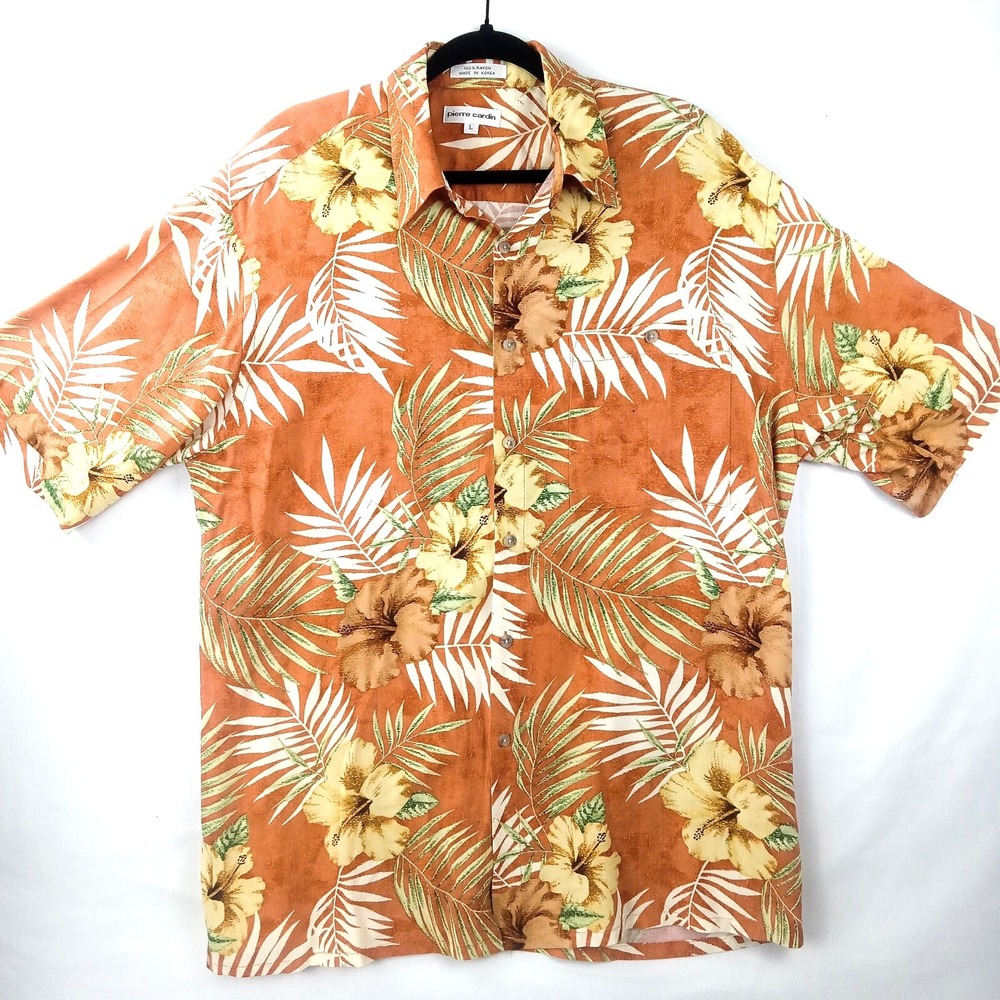 PIERRE CARDIN Shirt Hawaiian Palm Print Men's Large Orange Short Sleeve Casual